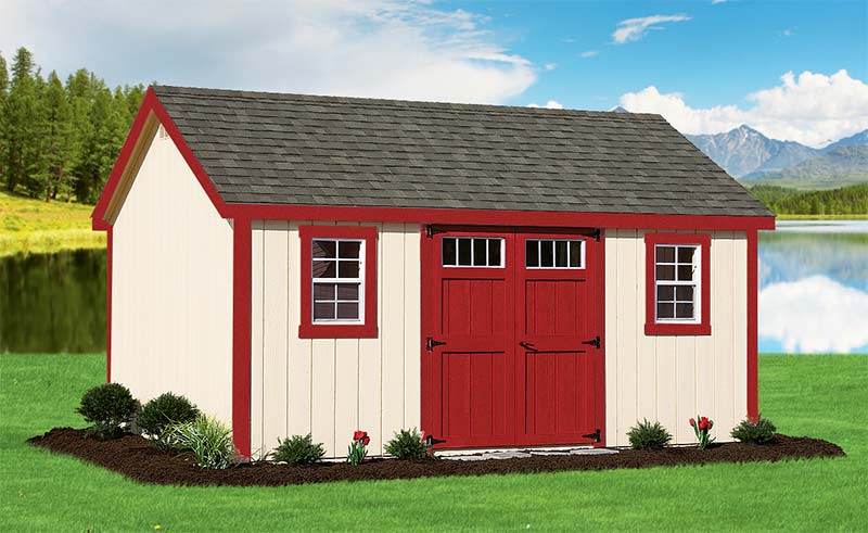 12x16 white aframe shed with red doors