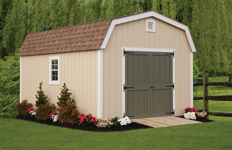 12x16 tan dutch shed with green doors