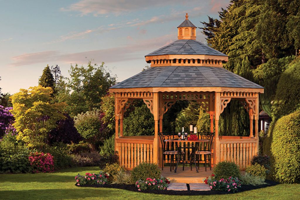 wooden gazebo with pagoda roof and cupola