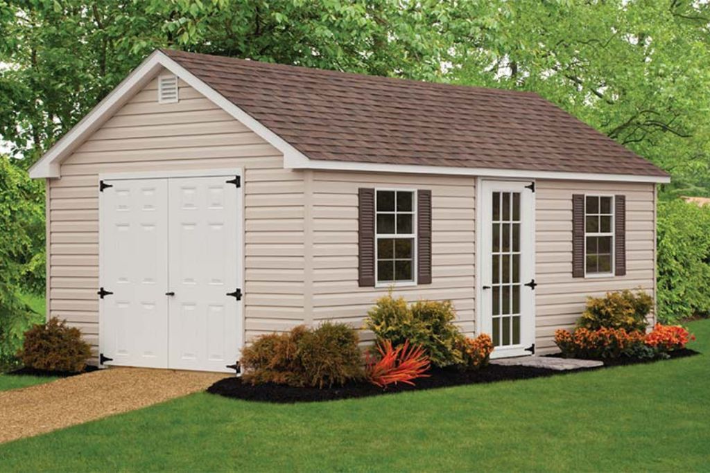 In stock shed purchase for backyard with trees and shrubs