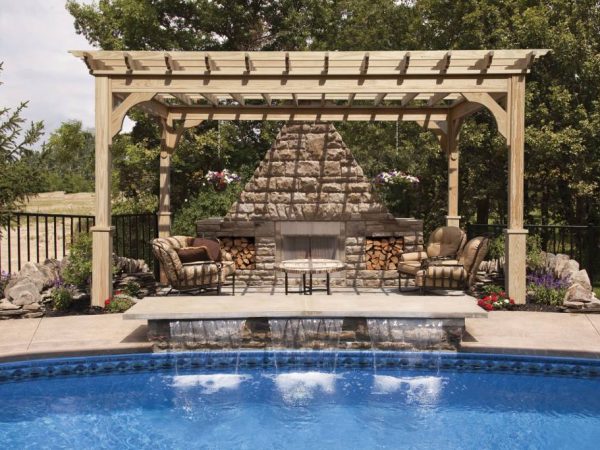 outdoor living space designs with pool pergola