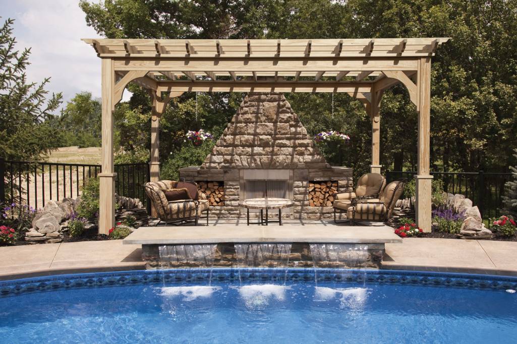 outdoor living space designs with pool pergola