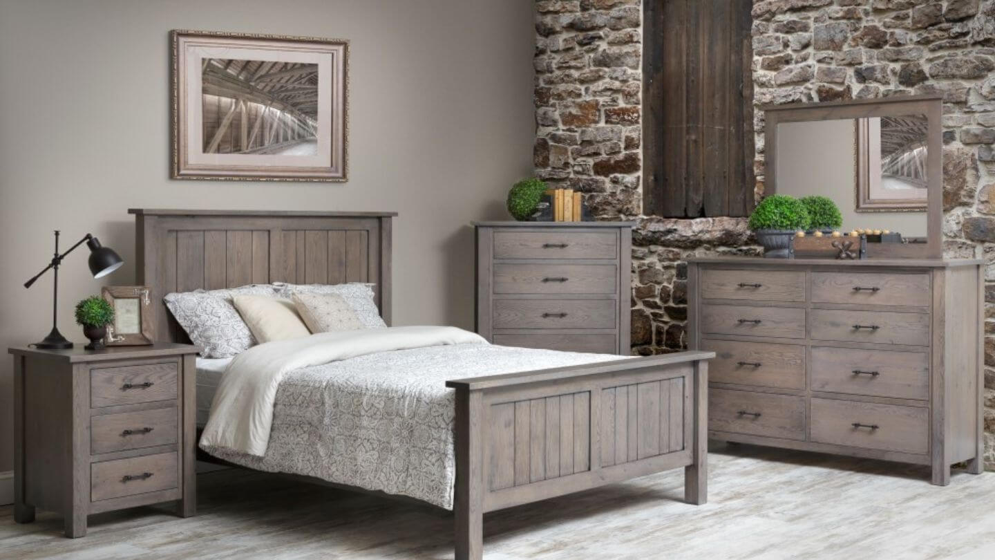 staged amish made farmhouse bedroom set for sale with gray wood